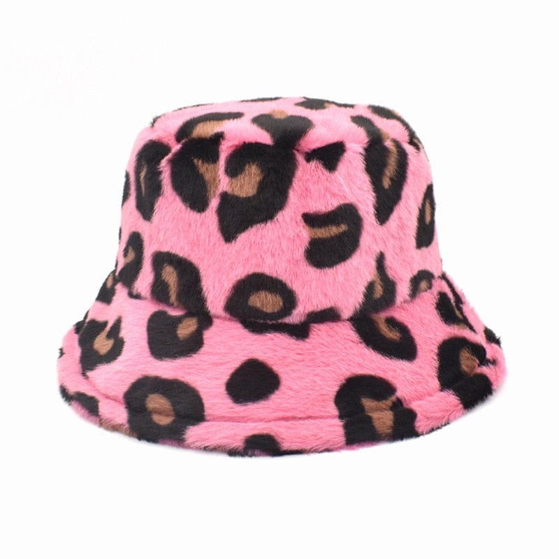 Roze Fluffy Bucket Hat Met Luipaardprint