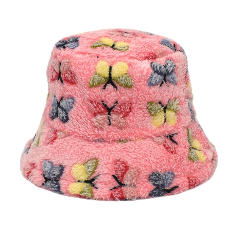 Roze Fluffy Bucket Hat met Vlinders