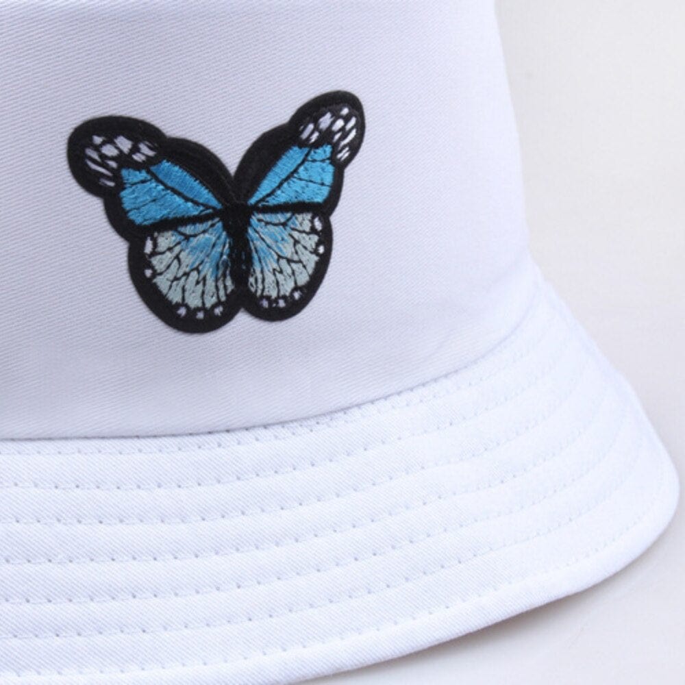 Witte Bucket Hat met Blauwe Vlinder