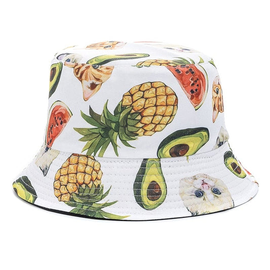 Witte Bucket Hat met Fruiten en Katten