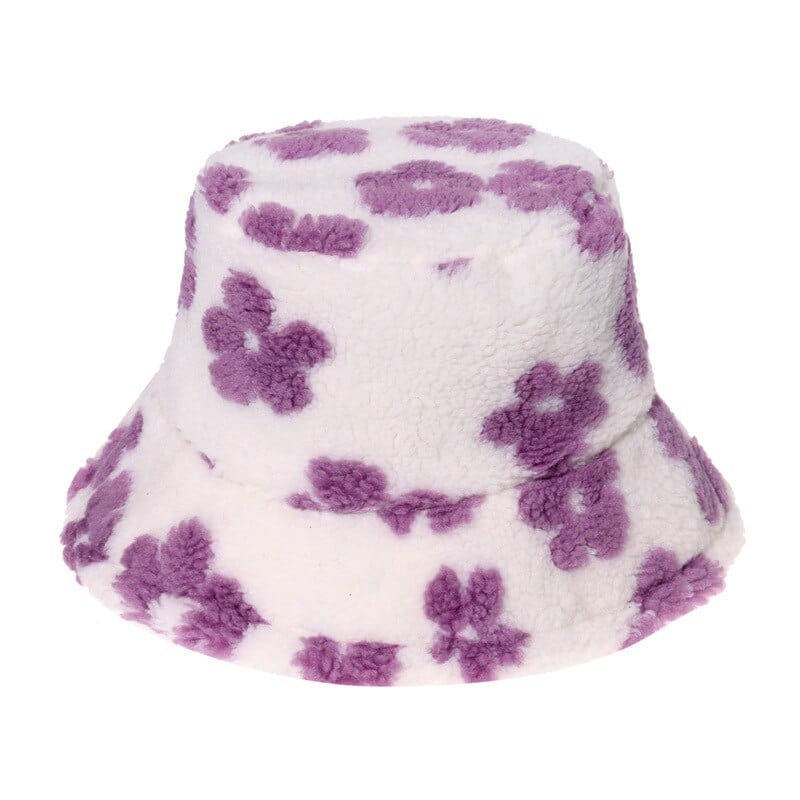 Witte Teddy Bucket Hat met Paarse Bloemen