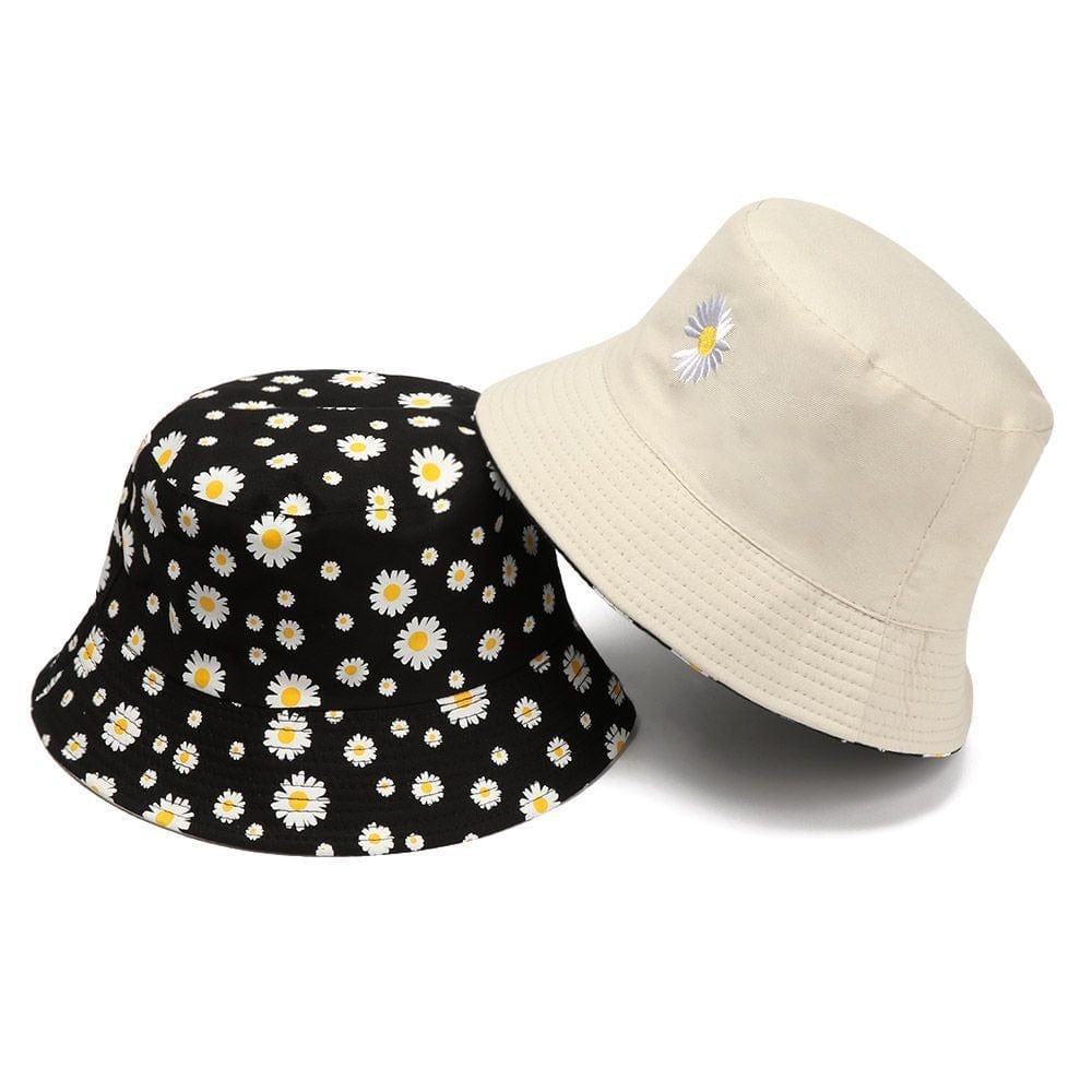 Zwart en Beige Reversible Bucket Hat met Bloemetjes