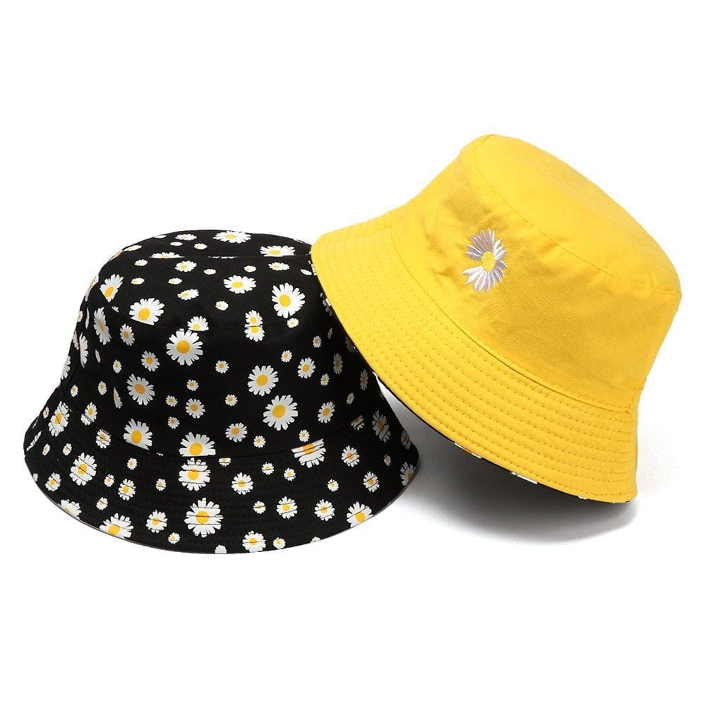 Zwart en Geel Reversible Bucket Hat met Bloemetjes