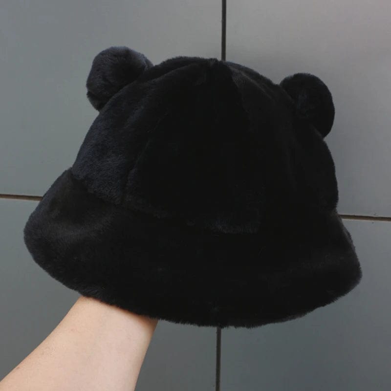 Zwart Fluffy Bucket Hat met Oortjes