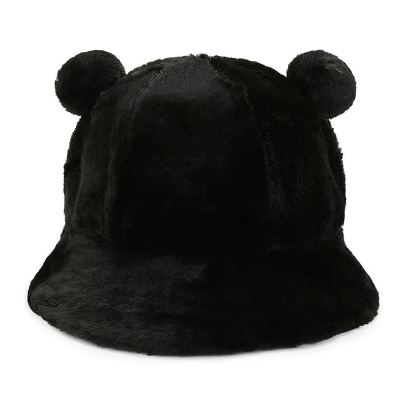 Zwart Fluffy Bucket Hat met Oortjes