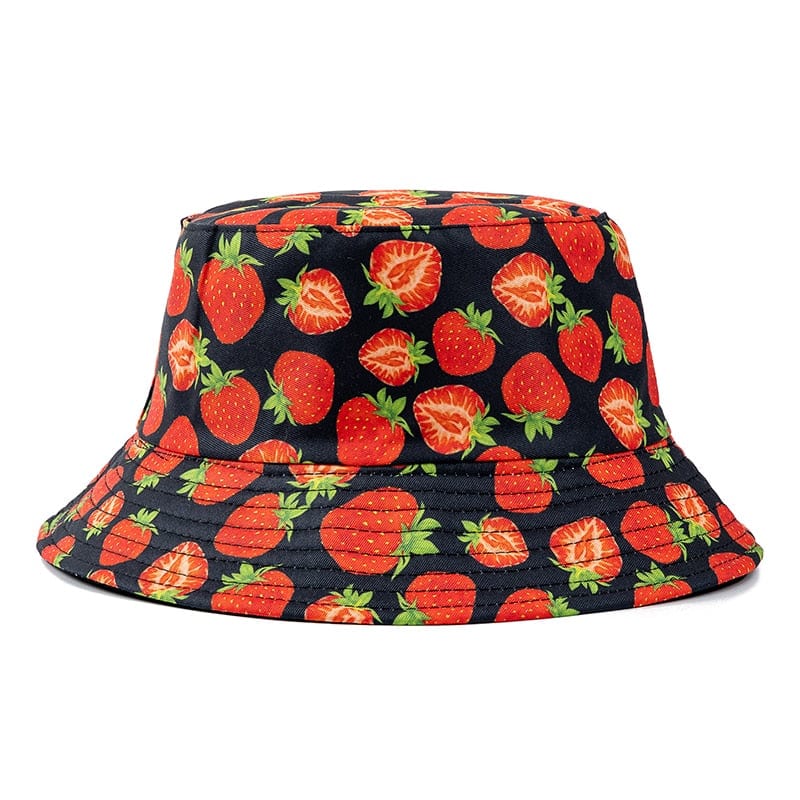 Zwarte Bucket Hat met Aardbeienprint