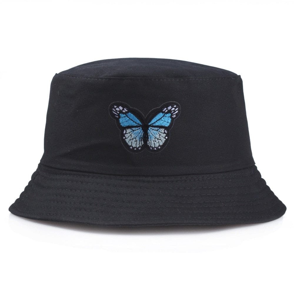 Zwarte Bucket Hat met Blauwe Vlinder