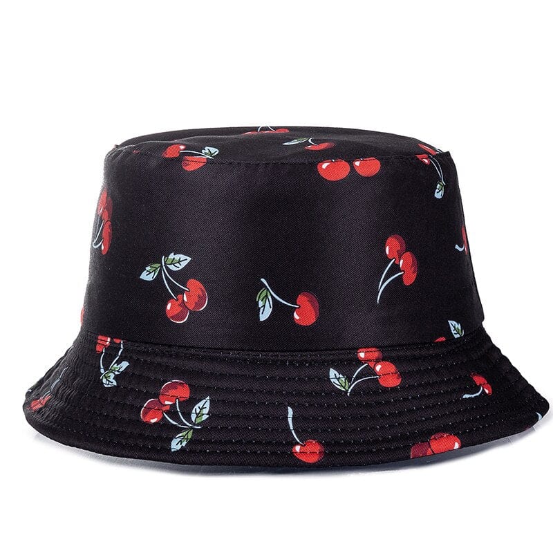 Zwarte Bucket Hat met Kersenprint