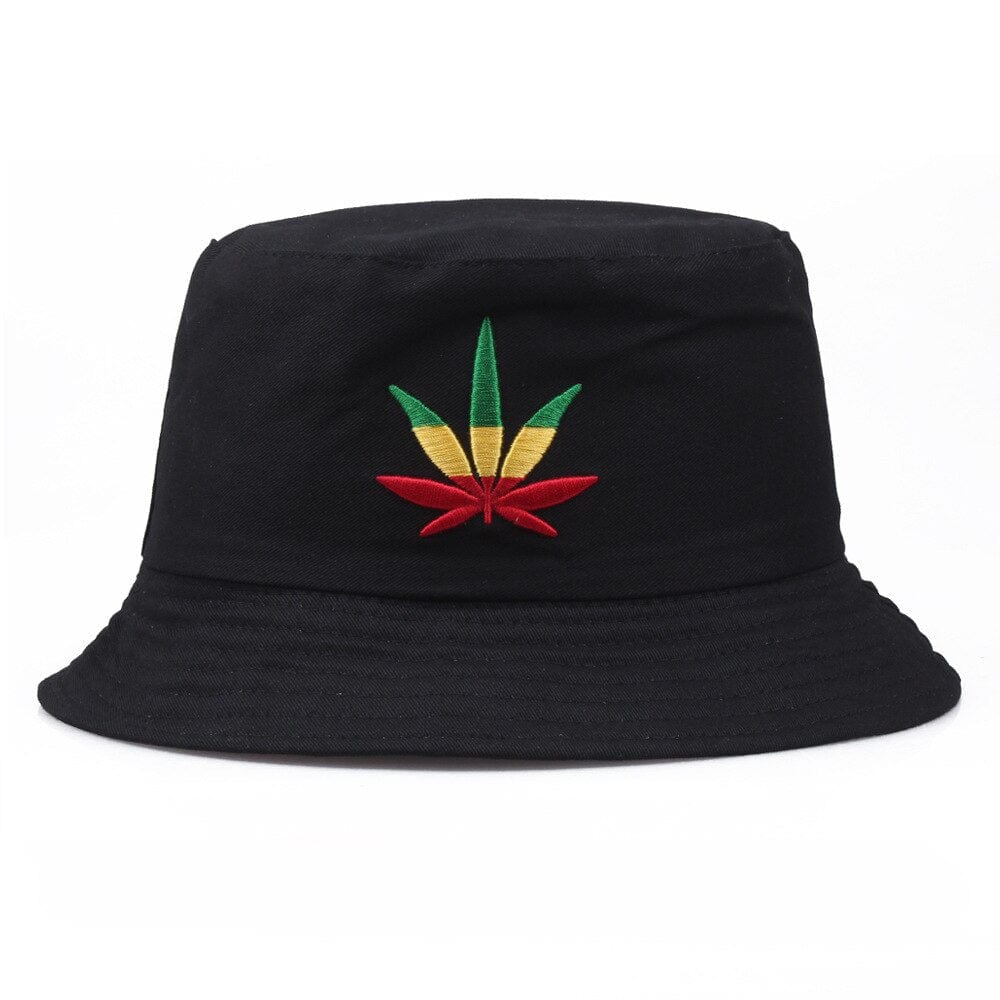 Zwarte Bucket Hat met Kleurige Wietblad