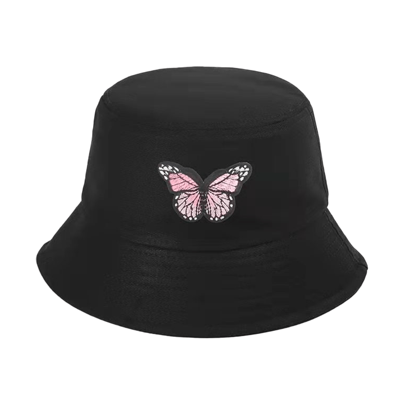 Zwarte Bucket Hat met Lichtroze Vlinder