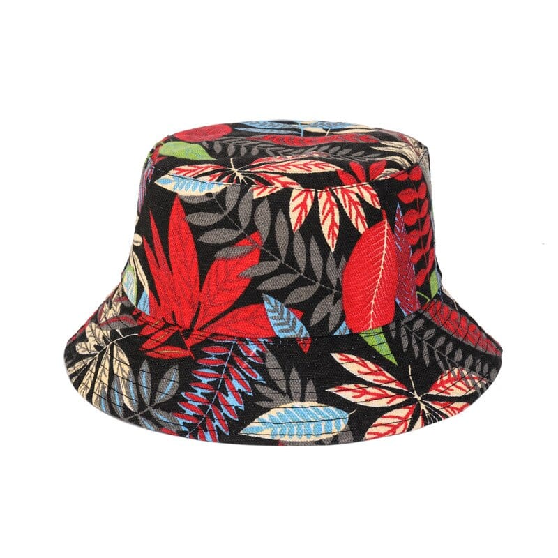 Zwarte Bucket Hat met Rode Bladerenprint