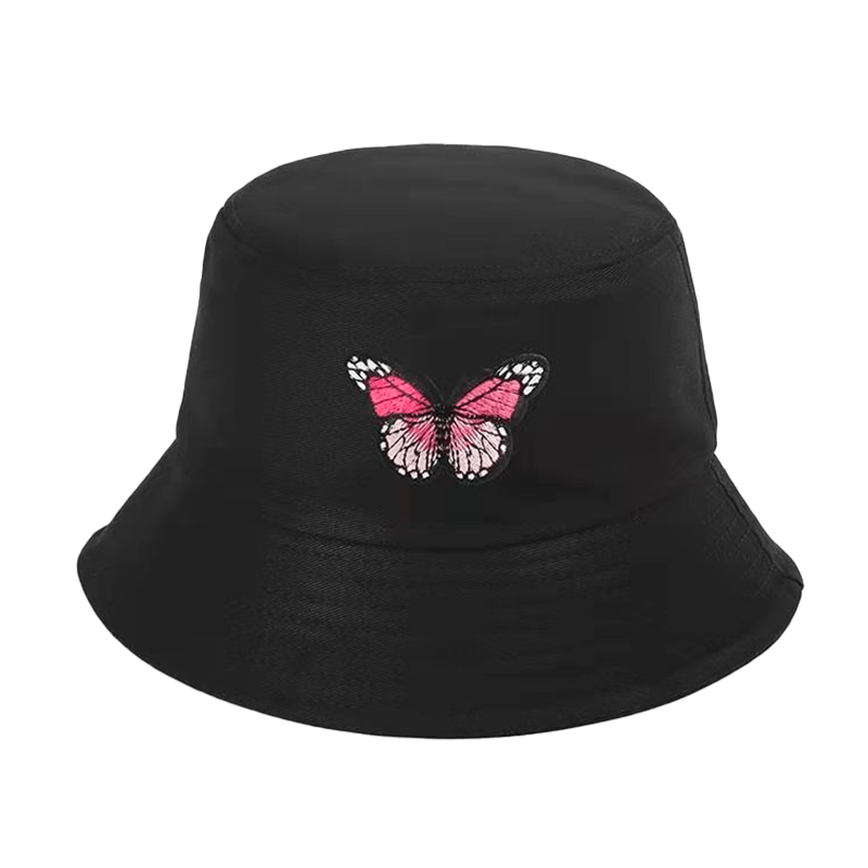 Zwarte Bucket Hat met Roze Vlinder