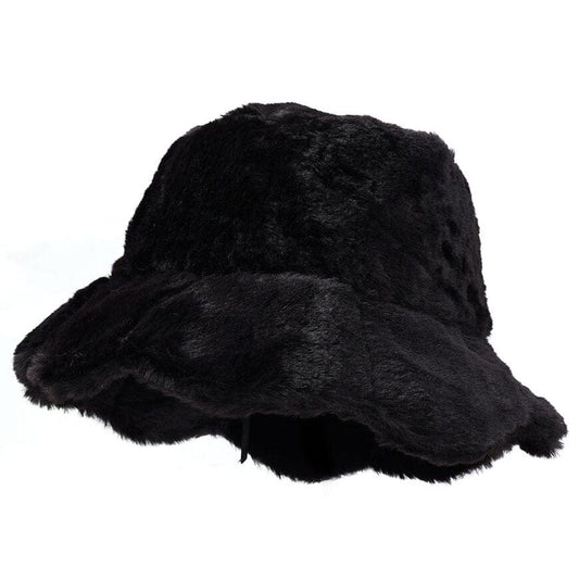 Zwarte Fluffy Bucket Hat met Grote Rand