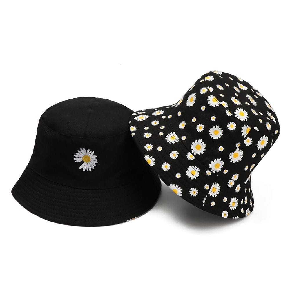 Zwarte Reversible Bucket Hat met Bloemetjes