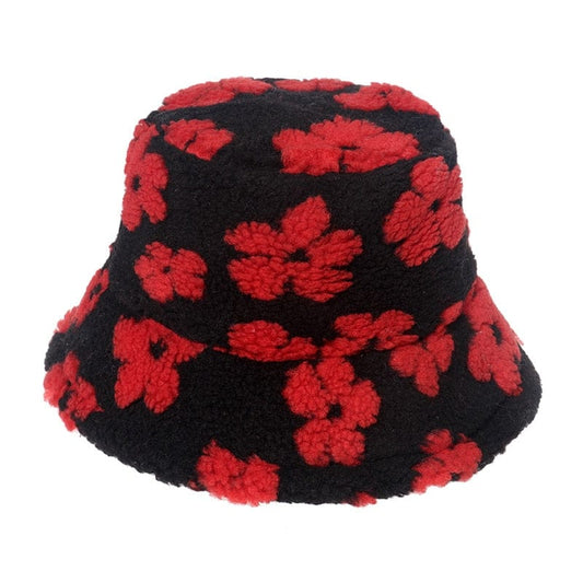 Zwarte Teddy Bucket Hat met Rode Bloemen